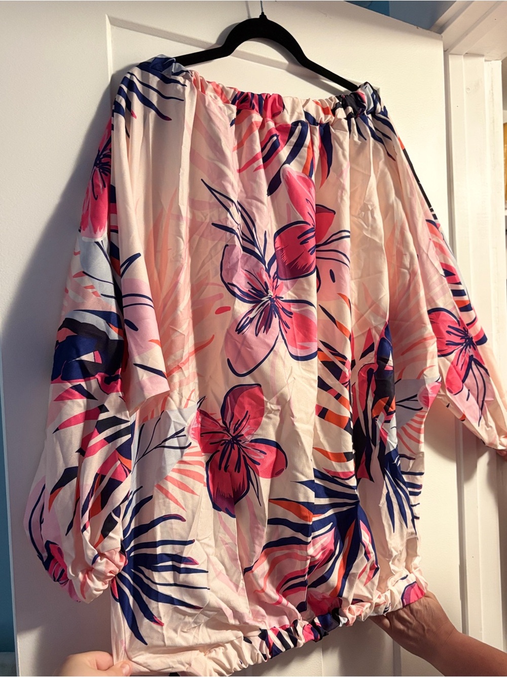 Floral Off-Shoulder Blouse in Hot Pink and Navy